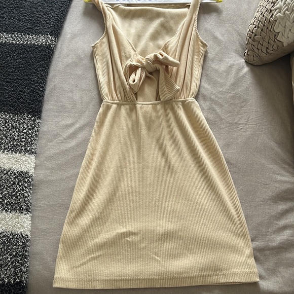 Line and Dot Cream Mini Dress | High Neck | Tie Back | S - Picture 5 of 6